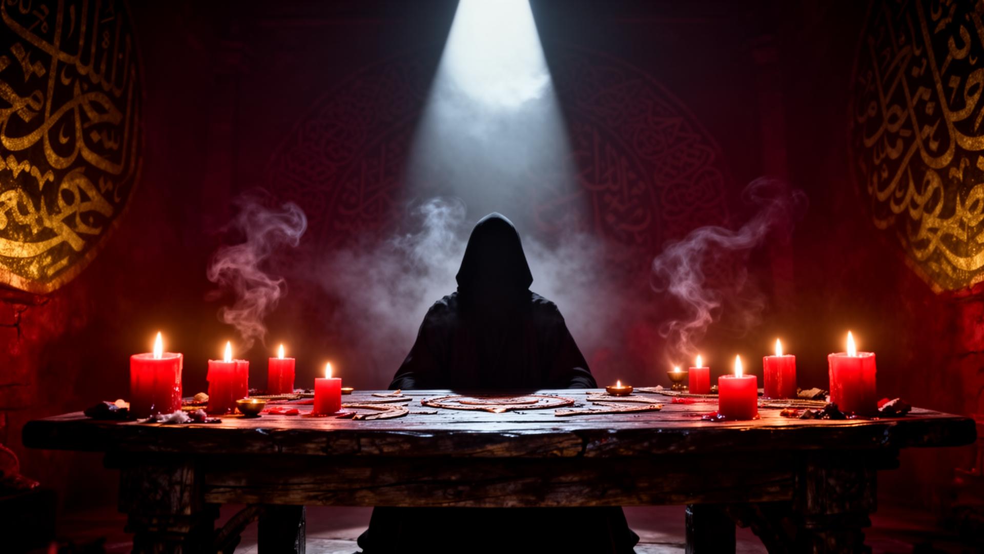 Hooded spiritual specialist seated at a candlelit ritual table
